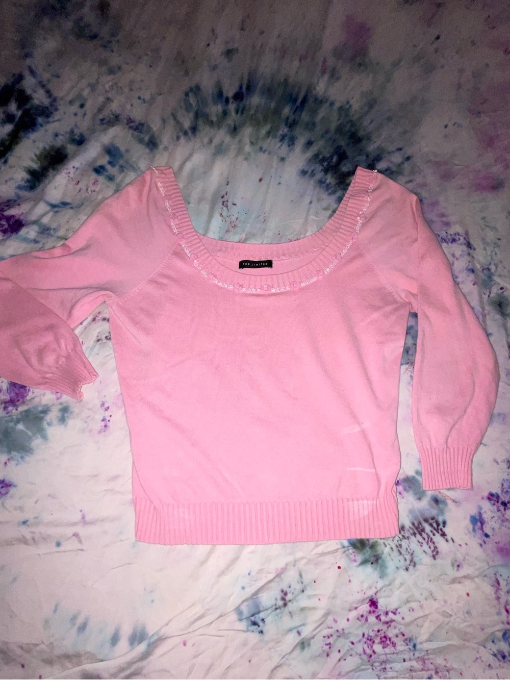 The Limited Pink Sweater with beaded flower neckline Size Medium